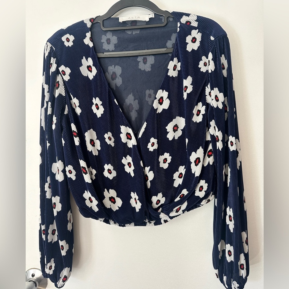 ASTR Navy Blue Floral V-Neck Wrap Blouse